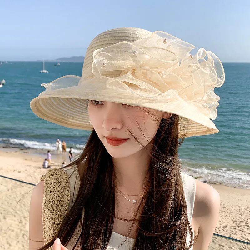 

Summer New Women's Tide Organza Adjustable Flowers Fashion Elegant Basin Hat Outdoor Travel Shading Sunscreen Fisherman Hat