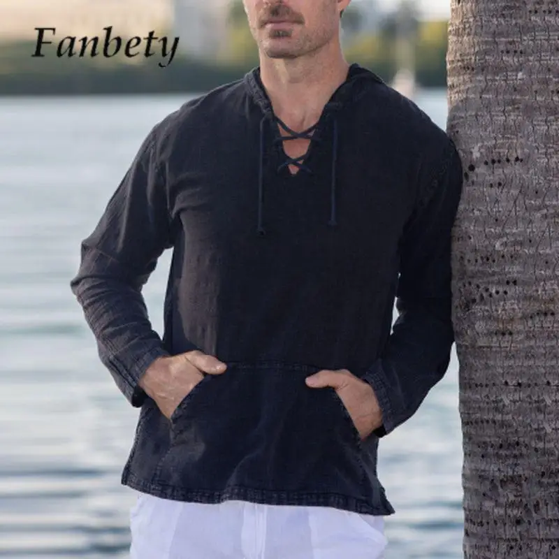 

Футболка мужская с длинным рукавом и V-образным вырезом, однотонная блузка из хлопка и льна, с перекрестной шнуровкой и капюшоном, пуловер, 3XL...