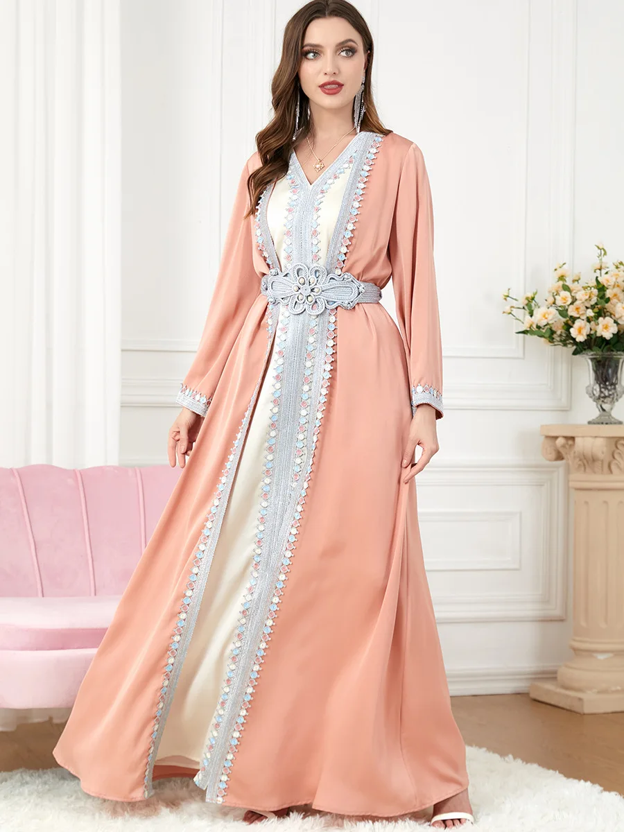 Women's Prayers Muslim Luxury Brand Slit V-neck Long-sleeved Two-piece Gown Dubai Abaya Arab Embroidery Chiffon Party Dress