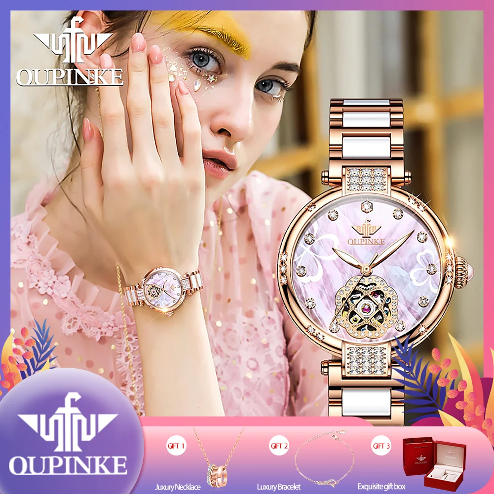 

OUPINKE Top Brand Luxury Automatic Mechanical for Women Waterproof Tungsten Steel Original Watchstrap Gift Box Sapphire mirror