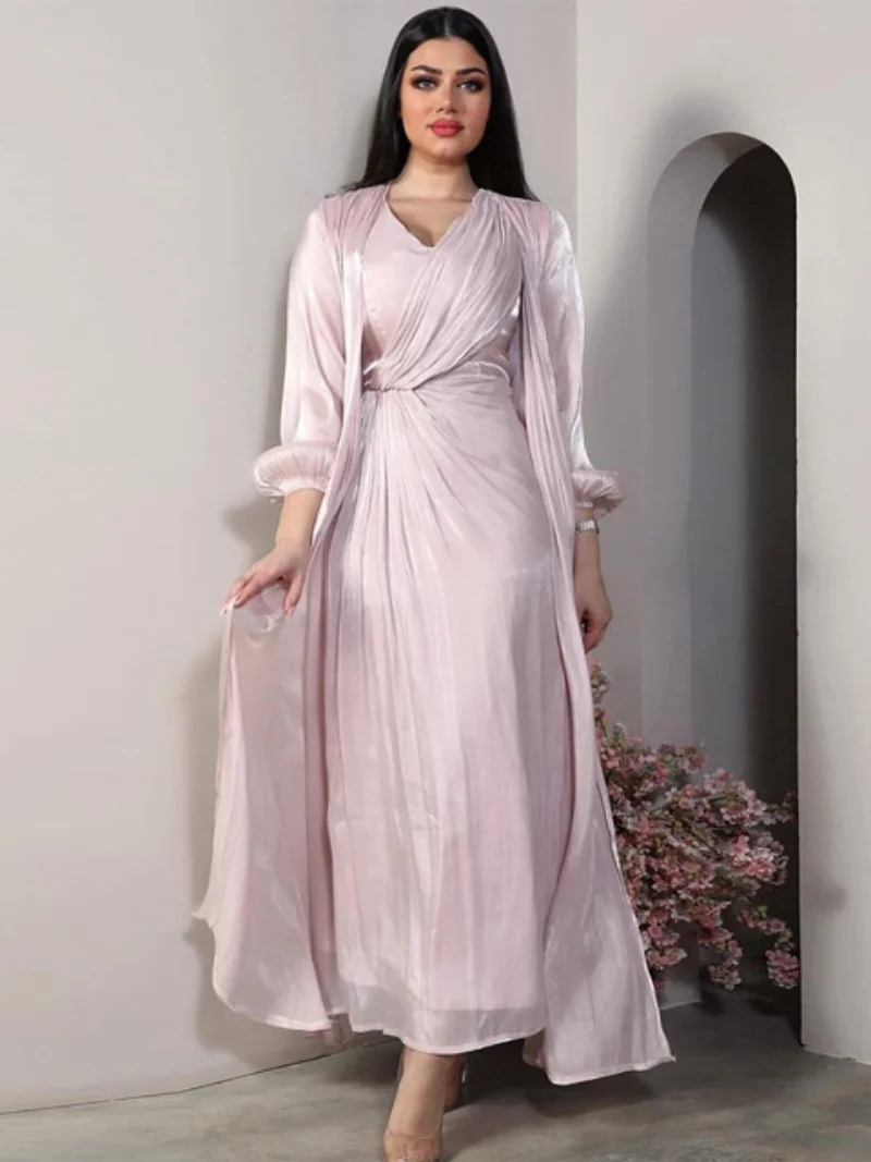Modest Muslim Moroccan Dubai Abaya Dress Set for Women Fashion Bright Silk Soft Satin 2 Pieces Robe Corban Eid Al Adha 2023 New