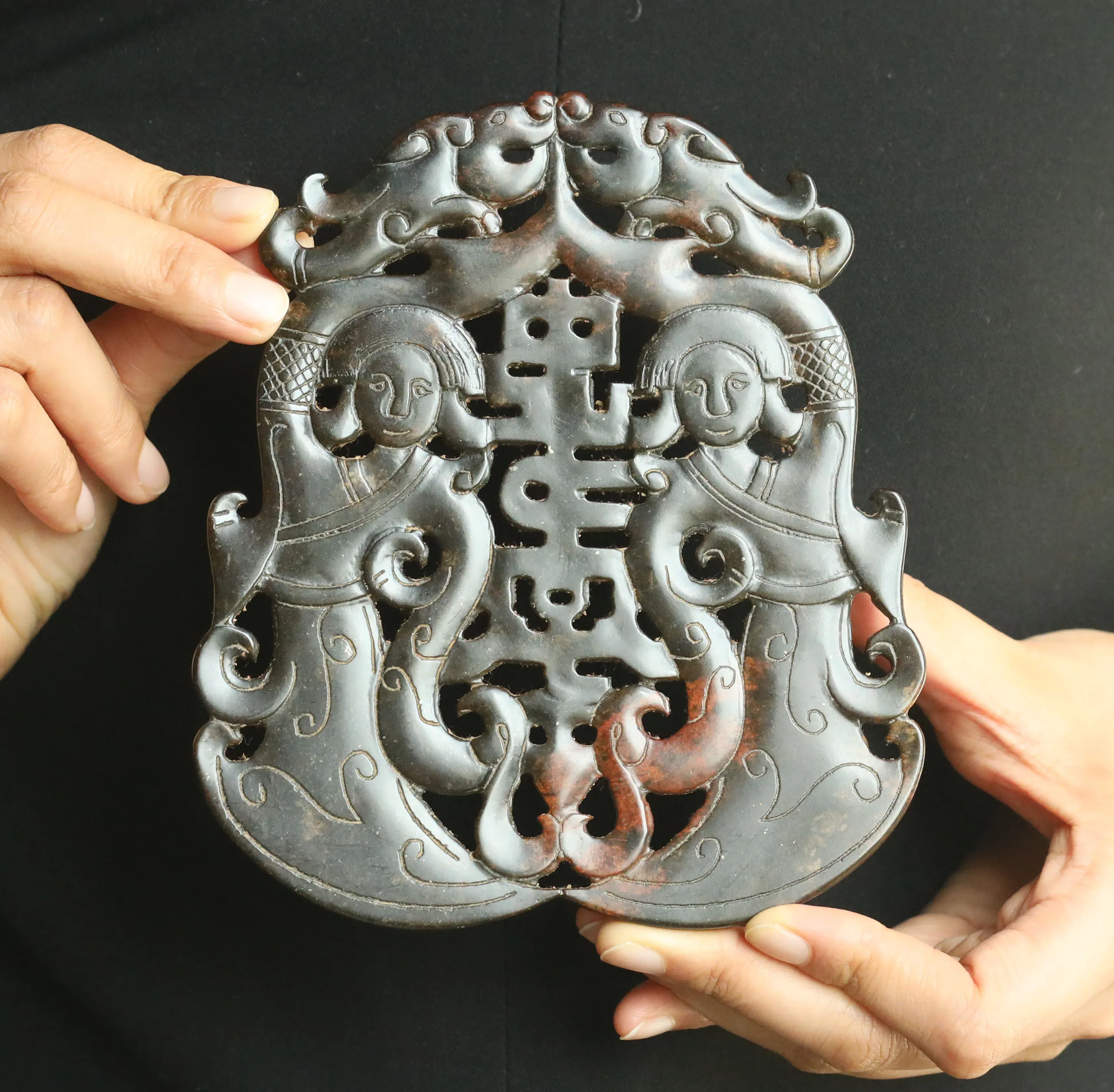 

Old China Natural hetian Jade Hand Carved statue dragon double woman plate bi #44