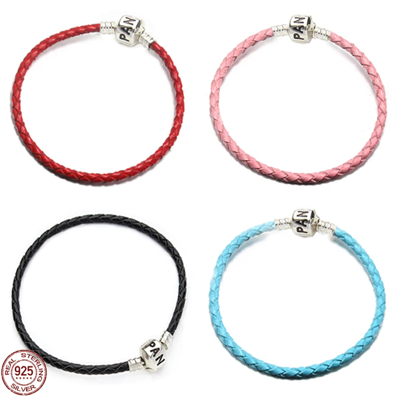 

Браслет из серебра 925 пробы с красным кожаным шнуром подходит для оригинальных шармов Pandora бусины в простом стиле Сделай Сам изящные украшен...