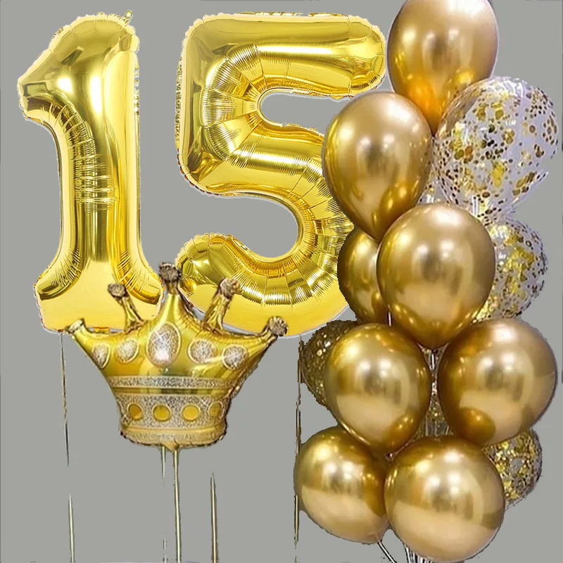 17pcs/set Kids 12 13 14 15 Years Old Girls Birthday Decor Balloon Gold Crown 32inch Number Foil Balloons Adult Parti Balls - купить по