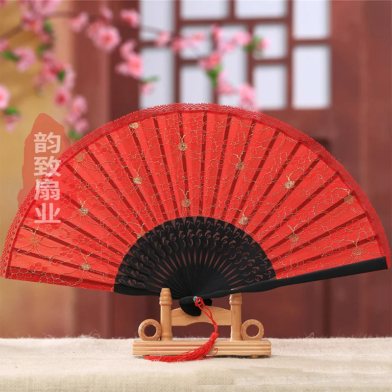 

Women's with Cheongsam Dance Small Folding Fan Black Lace Ancient Style Classical Retro Hanfu Folding Chinese Style Fan