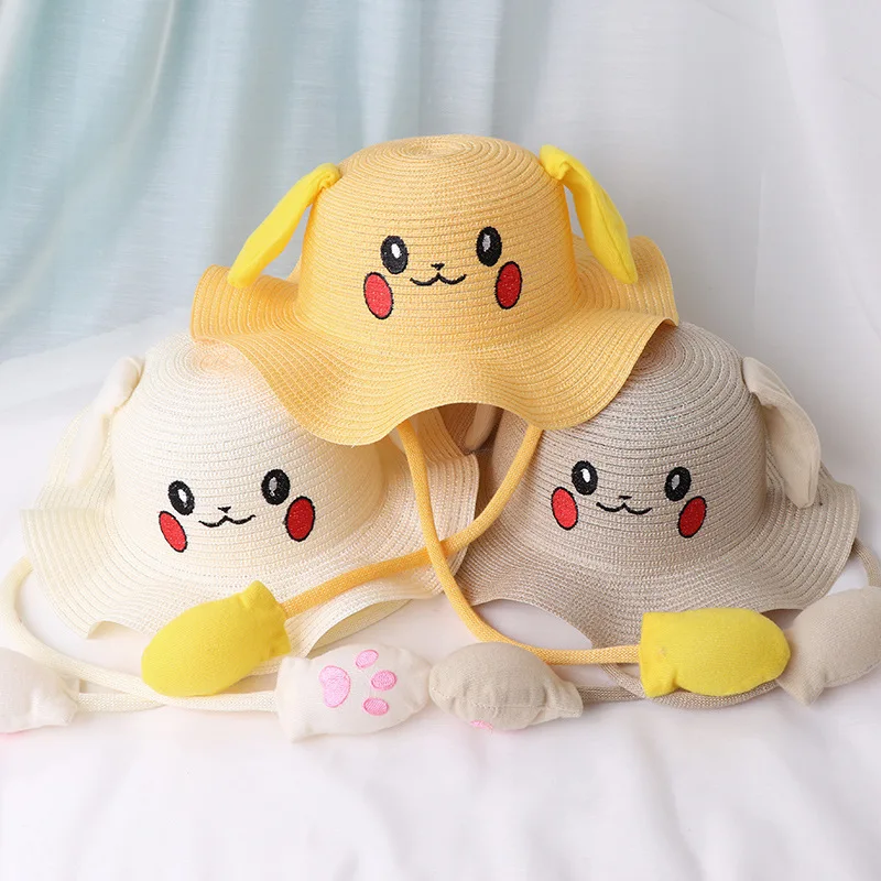 

Pokemon Pikachu Bucket Hats Kawaii Anime Fisherman Hat Movable Ears Sun Jumping Wide Brim Cap Parent-child Straw Cartoon Sunhat