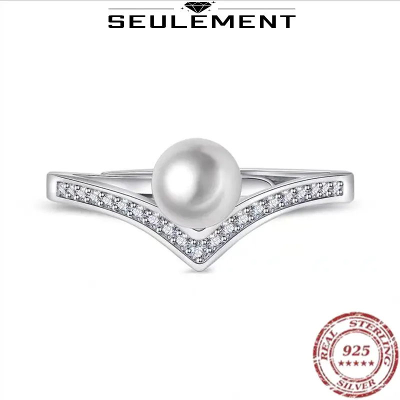 

Seulement 925 Sterling Silver Pearl Temperament Rings For Women Simple Wedding Ring Adjustable Female Jewelry Finger Ring