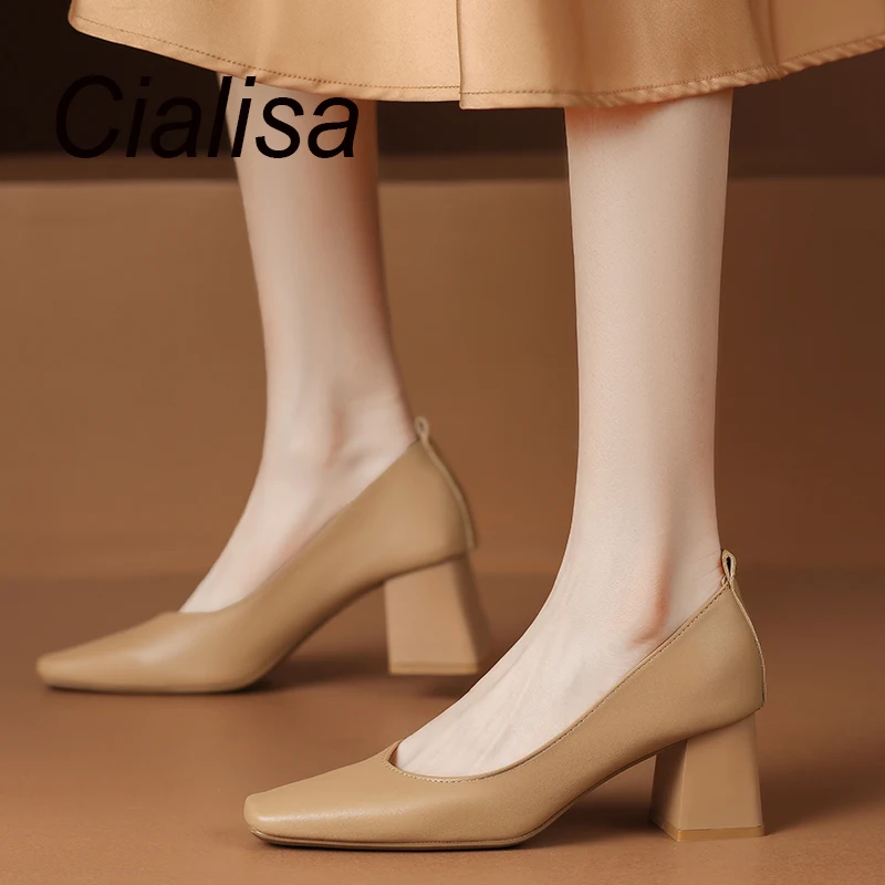 

Cialisa 2023 New Women's Shoes Spring Concise Square Toe Apricot Genuine Leather Handmade Dress Ladies 5.5cm High Heels Footwear