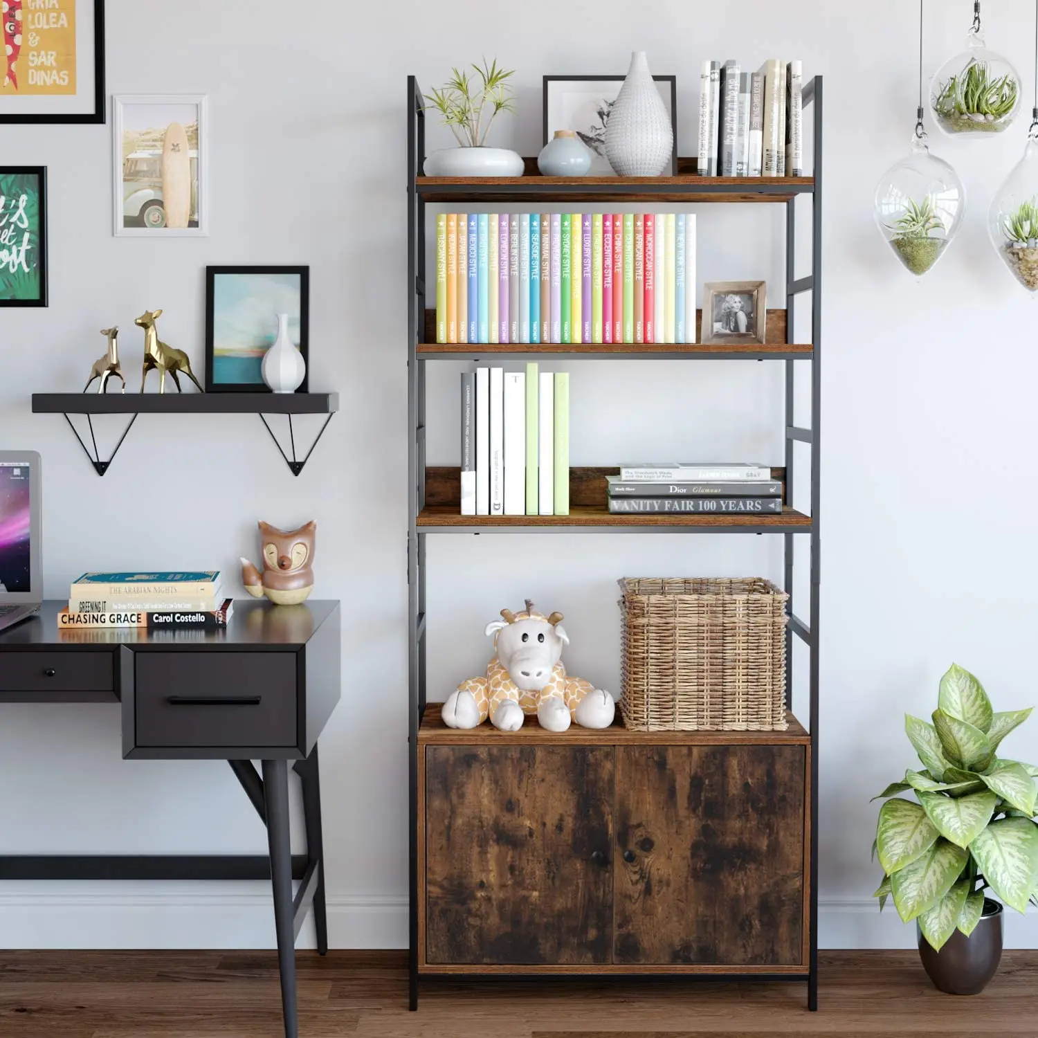 

Homfa Industrial Bookcase with 2 Cabinets 3 Tier Open Shelf Display Storage Rack Brown