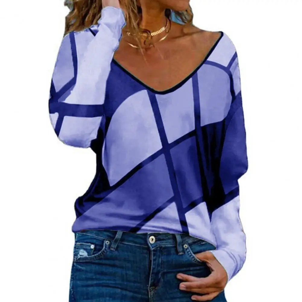 

Spring Summer Women T-shirt Geometric Print V Neck Long Sleeve Blouse 2022 Casual Elegant Loose-fitting Top for Daily Wear