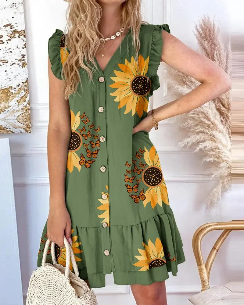 

CHAXIAOA 1 Piece Summer 2022 Women Sunflower Butterfly Print Ruffle Hem V-Neck Casual Vacation Mini Dress