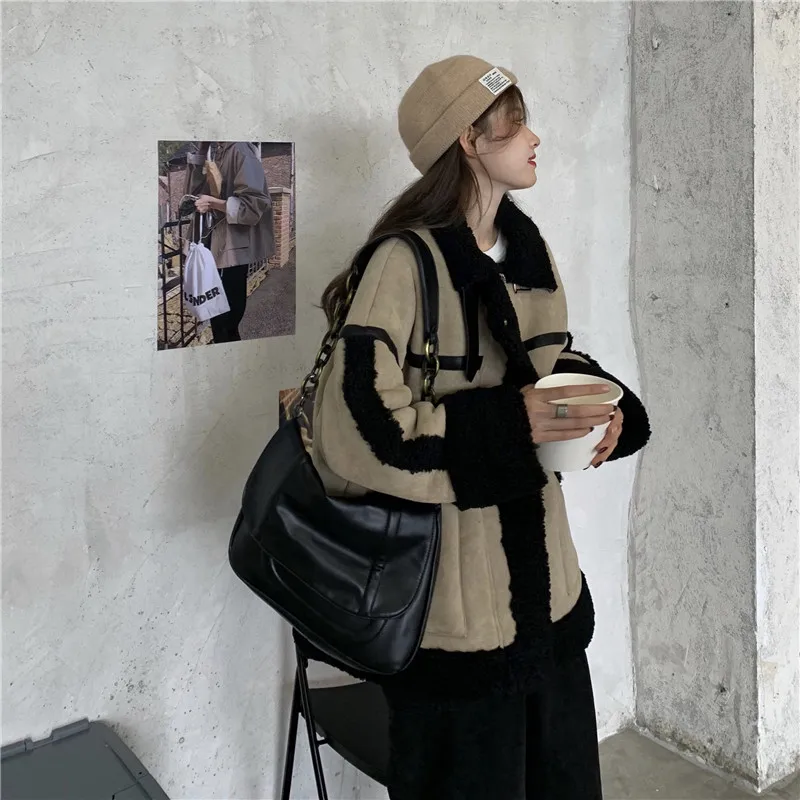 Korea Style Women Winter Loose Thermal Warm Coat Faux Sheepskin Fleece Parkas Streetwear tendy fur jacket loose waist brown top