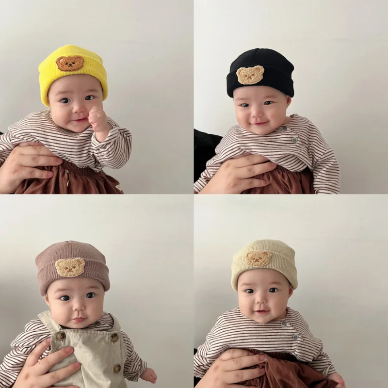 

Toddler Kids Knitted Hat Soft Winter Warm Newborn infant Boys Girls Caps New Cute Cartoon Bear Baby Beanie Hat Bonnet Solid