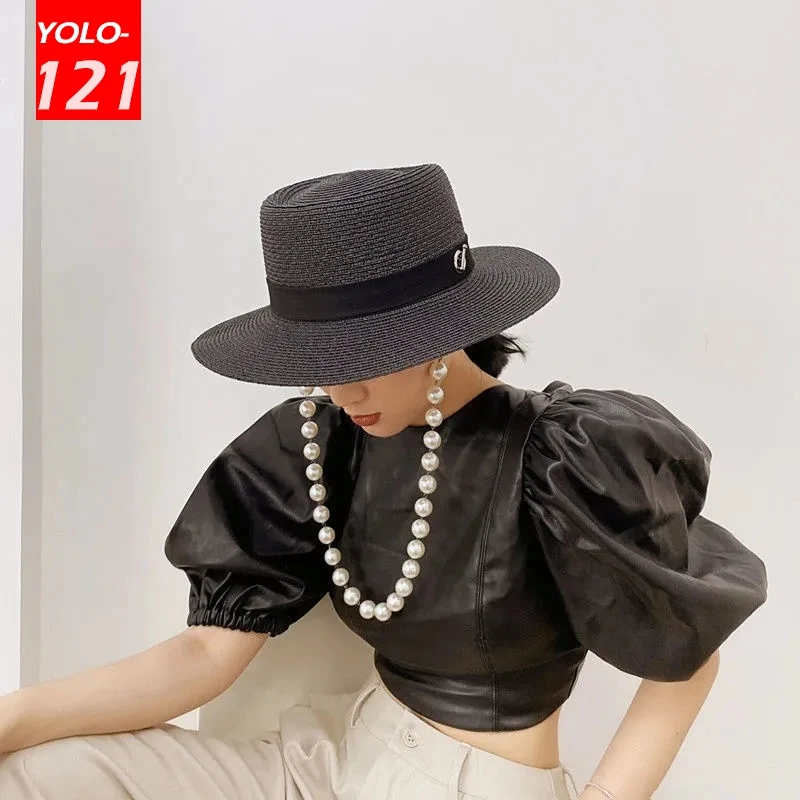 

Шляпа женская Соломенная с жемчугом, модная Панама от солнца в британском стиле, с цепочкой на шею, с плоским верхом, роскошная брендовая диз...