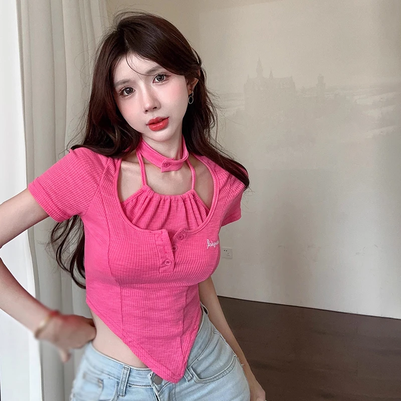 

Women's T Shirt Summer Halter Letter Mmbroidery Short-Sleeved T-Shirt