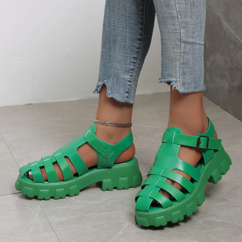 Womens Summer Sandals Hollow Flat Thick Bottom Roman Womens Sandals Buckle Womens Shoes Non-slip Outdoor Beach Shoes 2023 New
