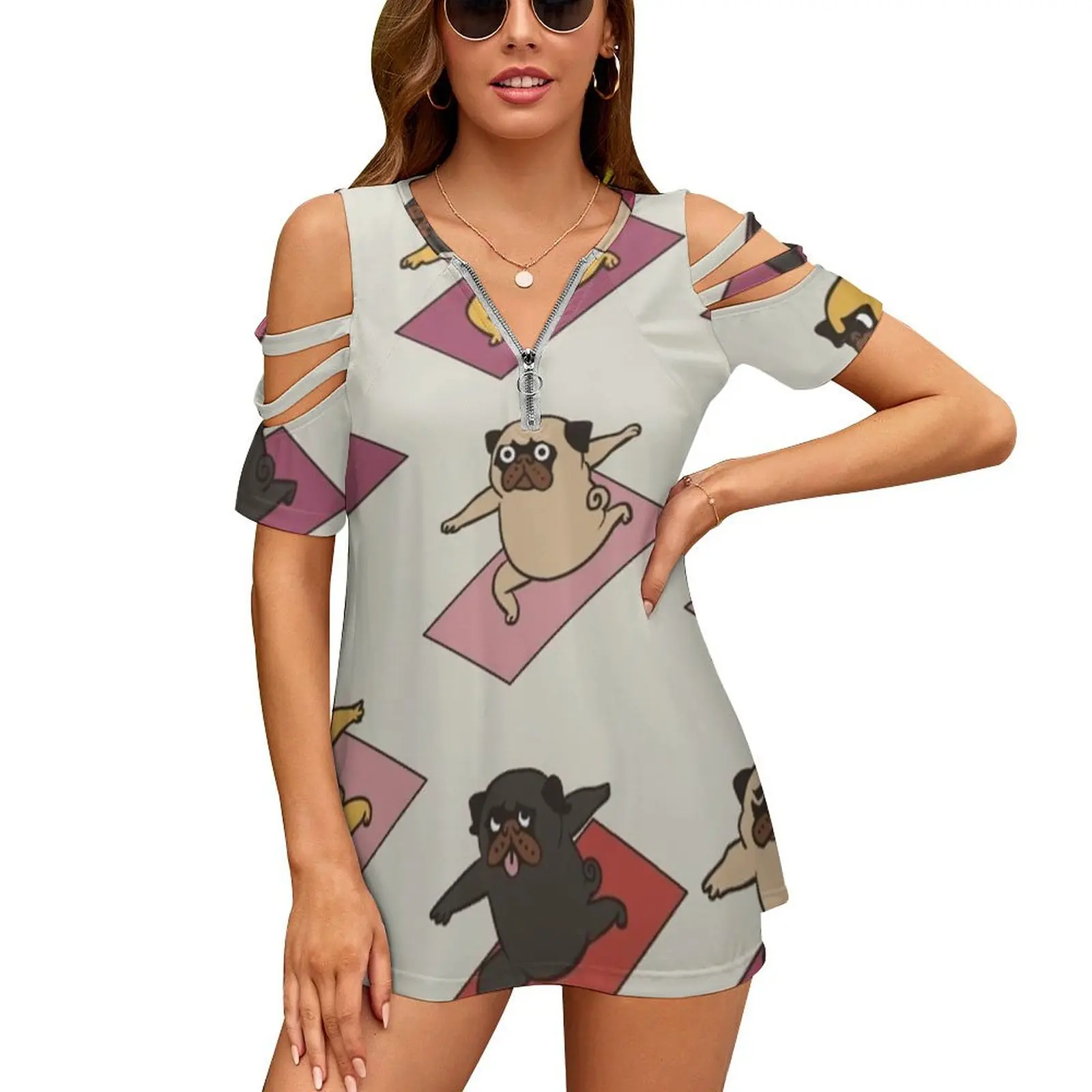 

Женская футболка Pugs Warrior, летний модный женский пуловер с цветочным принтом и V-образным вырезом, топ для занятий йогой и фитнесом