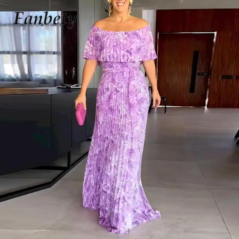 

Женское летнее длинное платье с открытыми плечами и поясом, Привлекательное платье с воротником-лодочкой и шалью, модное плиссированное платье с цветочным принтом