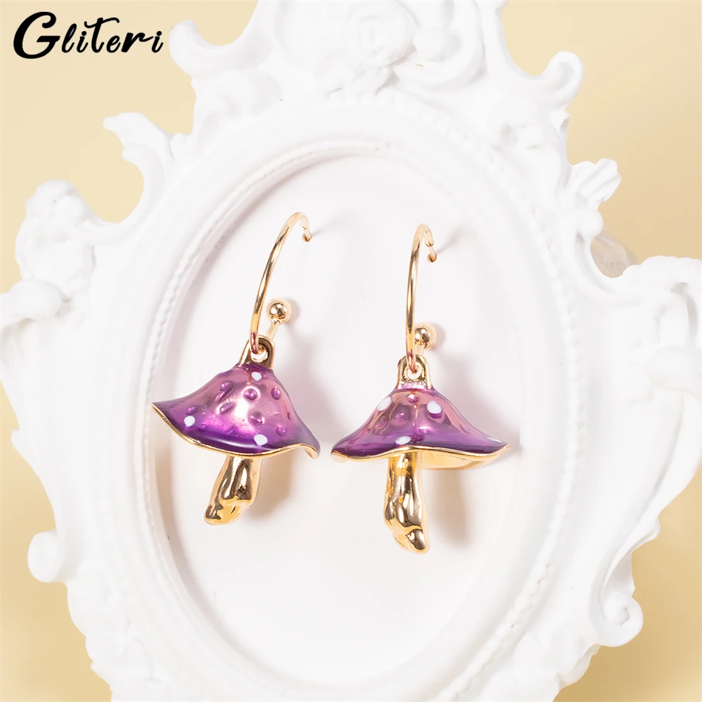 GEITERI New Cute Mushrooms Pendant Earrings For Women Girls Kids Purple Oil Drops Hoop Stud Earrings Fashion Jewelry Party Gifts