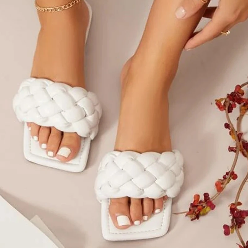 Women Flat Slide Braided Vamp Square Toe Slipper Sandals Personality Slippers 2023 Outdoor Summer Sexy Slides Ladies Shoes