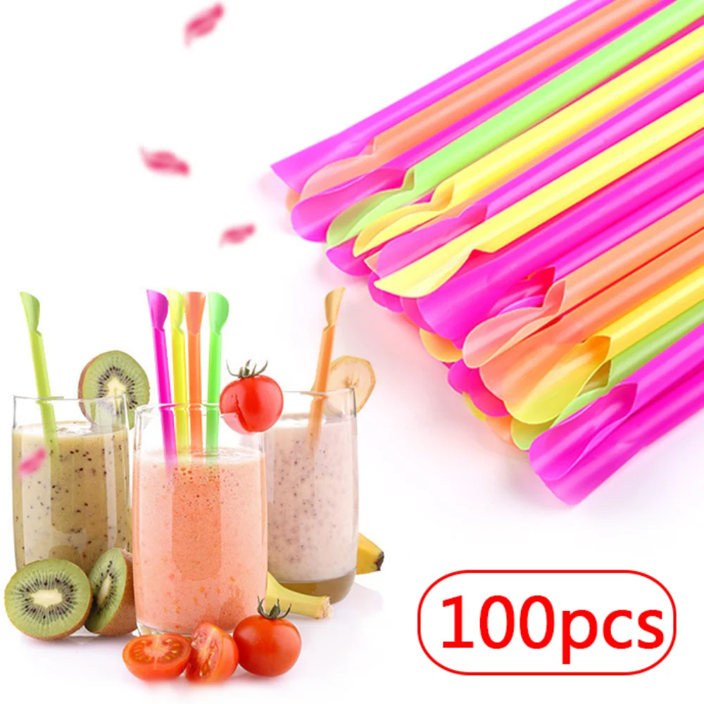 

100PCS Multicolour Spoon Straws Plastic Milkshake Smoothie Drinking Straws Ice Cream Spoon Straws Bar Birthday Party Supplies
