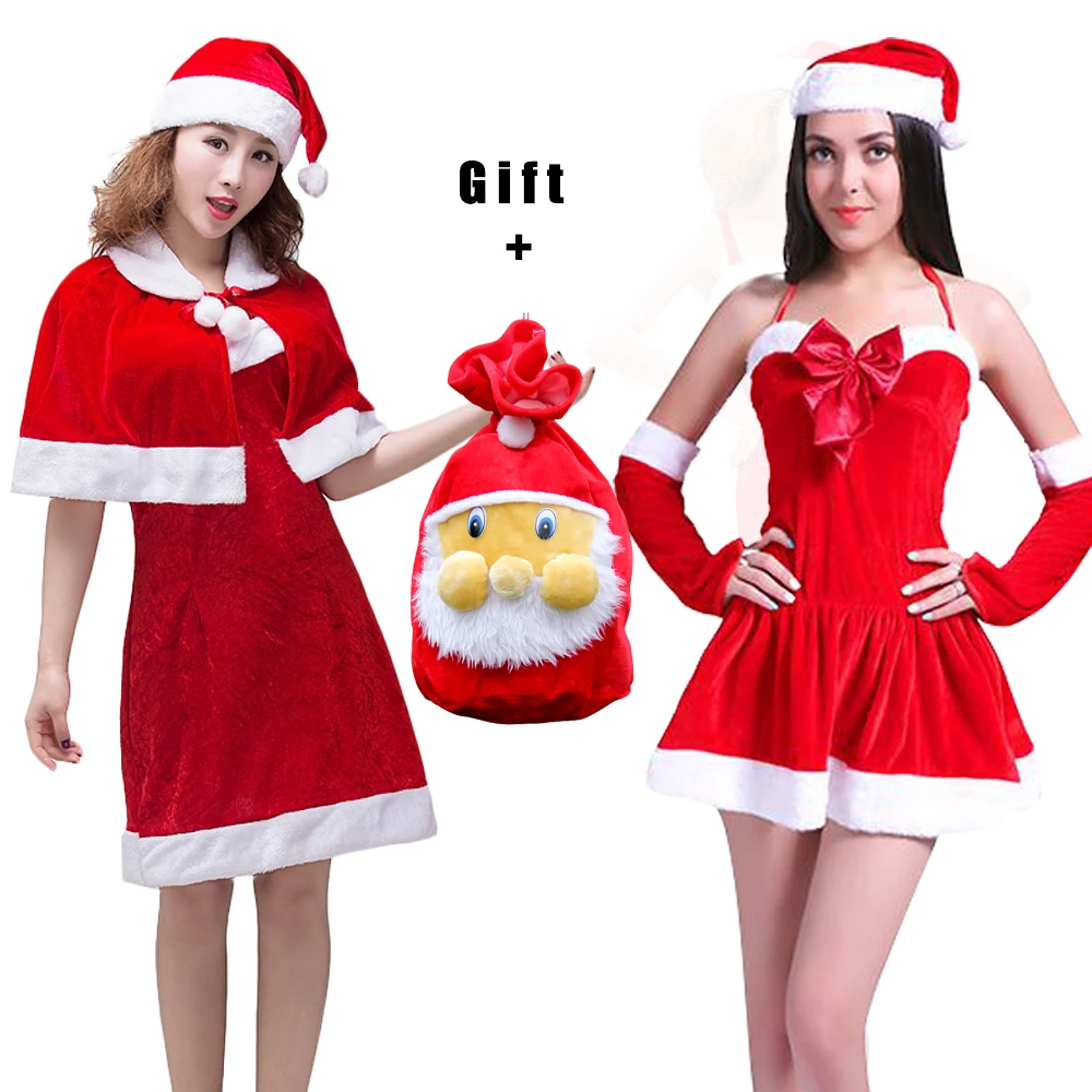 

Red Santa Outfits Santa Claus Cosplay Costumes Fancy Sexy Dress Suit Attached Hat Candy Bag Gift