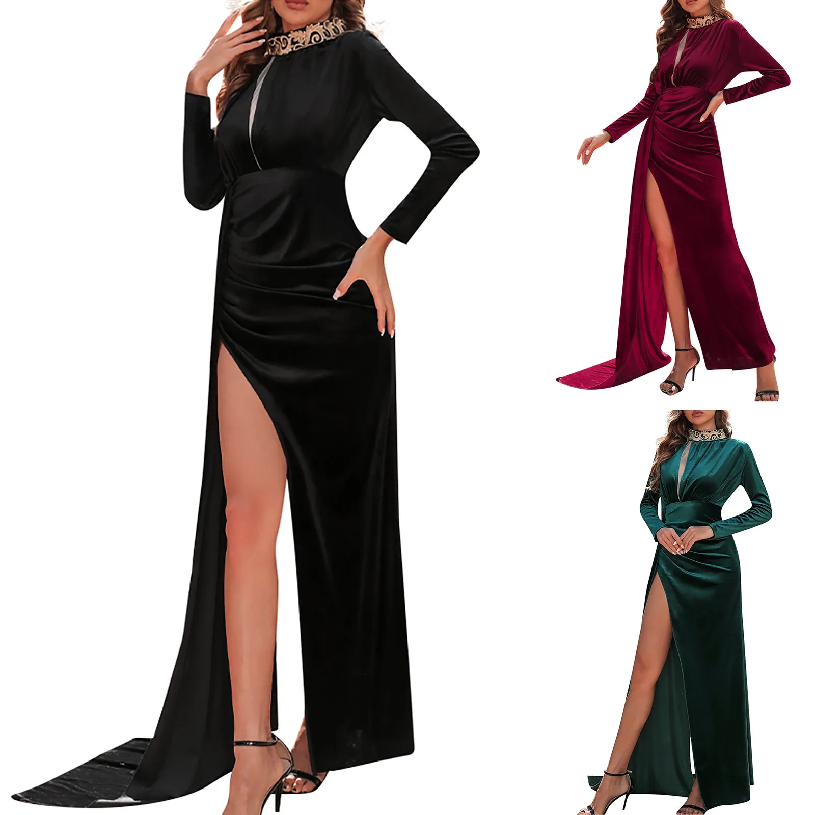 

Women'S Fashion Solid Color Solid Color Split Bundle Waist Long Sleeve Autumn And Winter Slim Sexy High Neck Evening Dress
