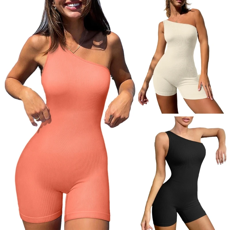 

Сексуальный комбинезон без рукавов для женщин, ребристые комбинезоны на одно плечо, узкие комбинезоны, комбинезоны