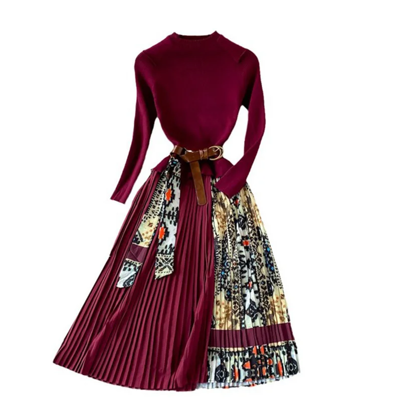 

Autumn And Winter French Retro Print Stitching Fake Two-Piece Skirt Waist Stand Collar Knitted Sweater Pleated Dress