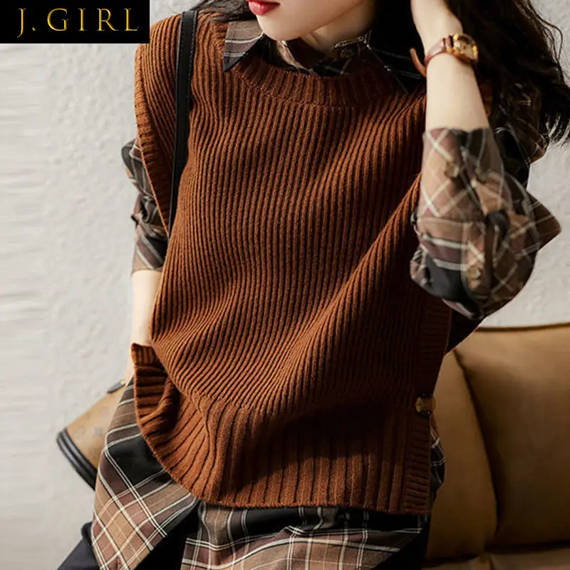 

Sweater Vest Women Solid All-match Knitting Autumn Fashion Trendy Korean Simple Ins Harajuku Design Side Button Female Casual