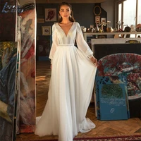 bohemian v neck wedding dress 2022 lace full sleeves backless chiffon court train for elegant women custom made