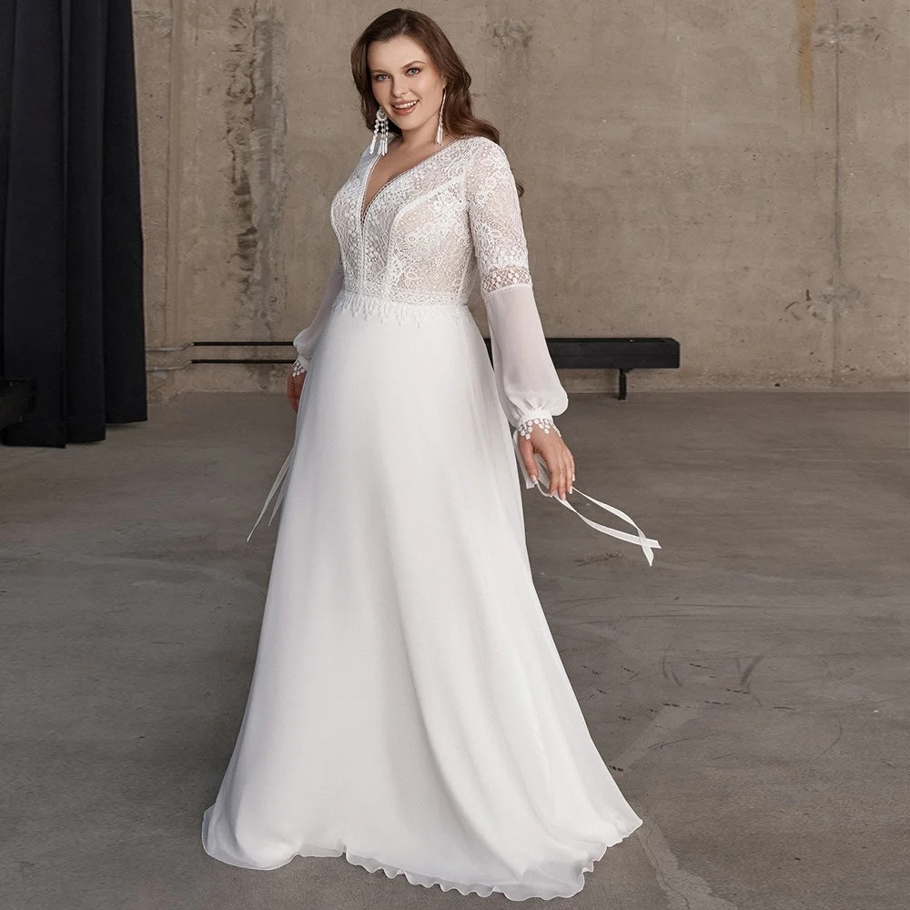 

Lace Boho Wedding Dress V Neck Illusion Puffy Sleeves Plus Size Wedding Gown A Line Zipper Up Bows Chiffon Summer Bridal Dress