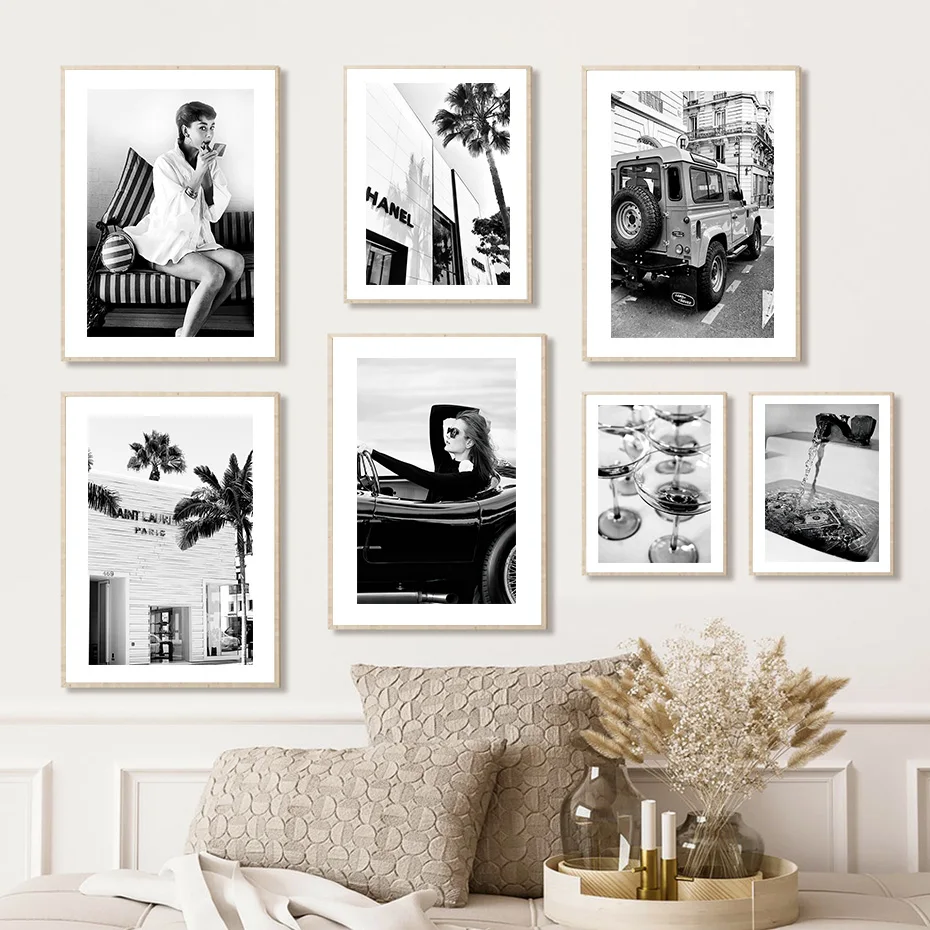 

Woman Dalmatians Car Wine Glass Black White Wall Art Canvas Painting Nordic Posters And Prints Wall Pictures Living Room Decor