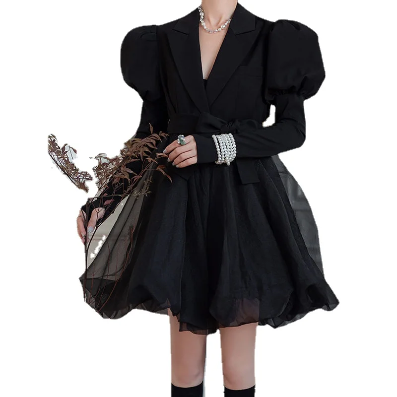 

Женское винтажное платье-Блейзер, классическое Сетчатое платье составного кроя с рукавами-фонариками, весна-осень 2023