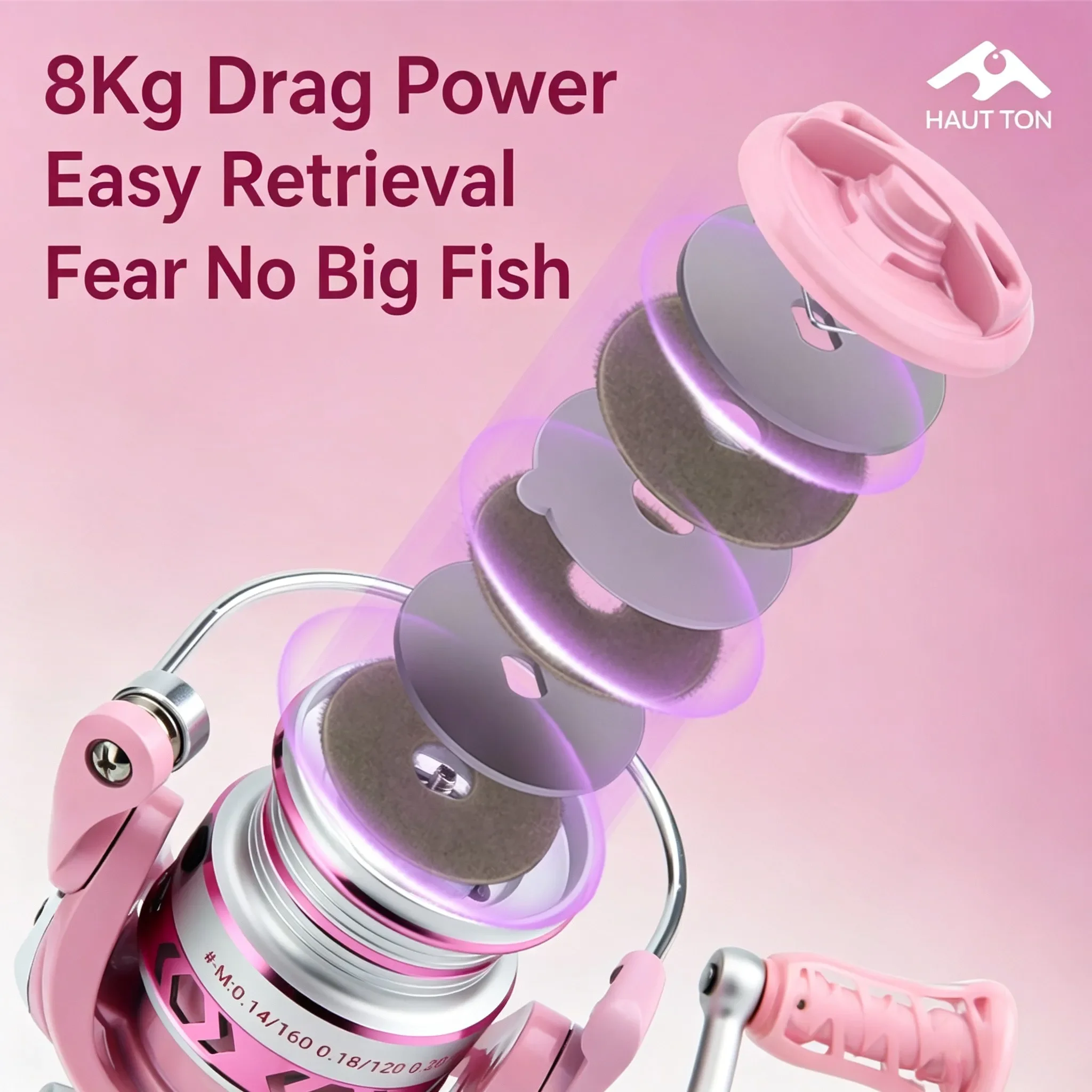 Фото Рыболовная катушка HAUT TON Macaron Pink Purple 8KG Drag, легкая, высокоскоростная, с металлической шпулей 5.2:1, 3+1BB, для морской рыбалки на басса №4