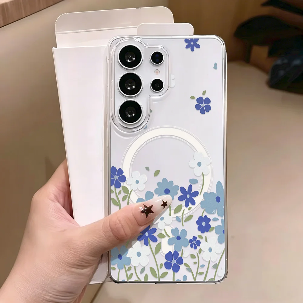 Фото Магнитный чехол для телефона с синим цветком для Samsung A57 A37 S26 Ultra S25 S24 FE S23 A56 A55 A36, прозрачный силиконовый мягкий бампер №1