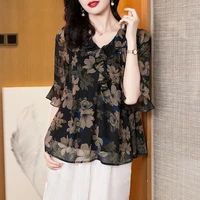summer loose chiffon women clothing blouse trumpet sleeve v neck print vintage ruffles y2k pullover casual female shirt 2022 new
