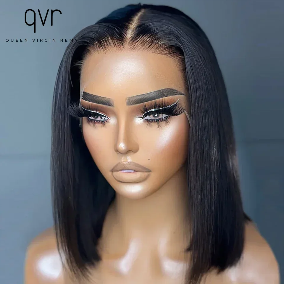 Парик QVR короткий прямой 13x4 парик из человеческих волос без клея 180D