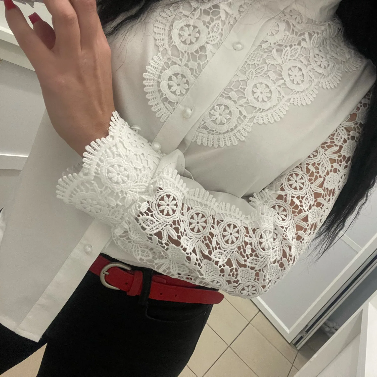 Women Sexy White Lace Patchwork Hollow Out Shirt Blouse Long Sleeve O-Neck Mesh Tops 2023 Spring prink elegant Button Shirts