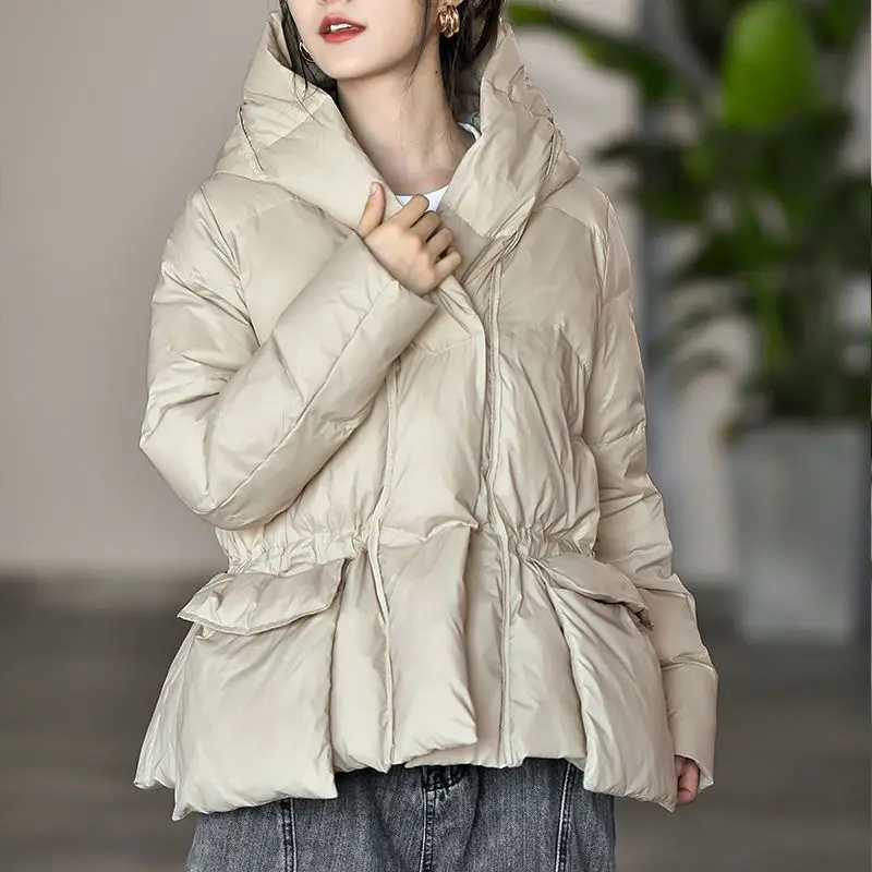 

2023 Women's Winter Fashion White Duck Down Outerwear Female Short Solid Color Coats Ladies Thicken Warm Hooded Jackets Q91