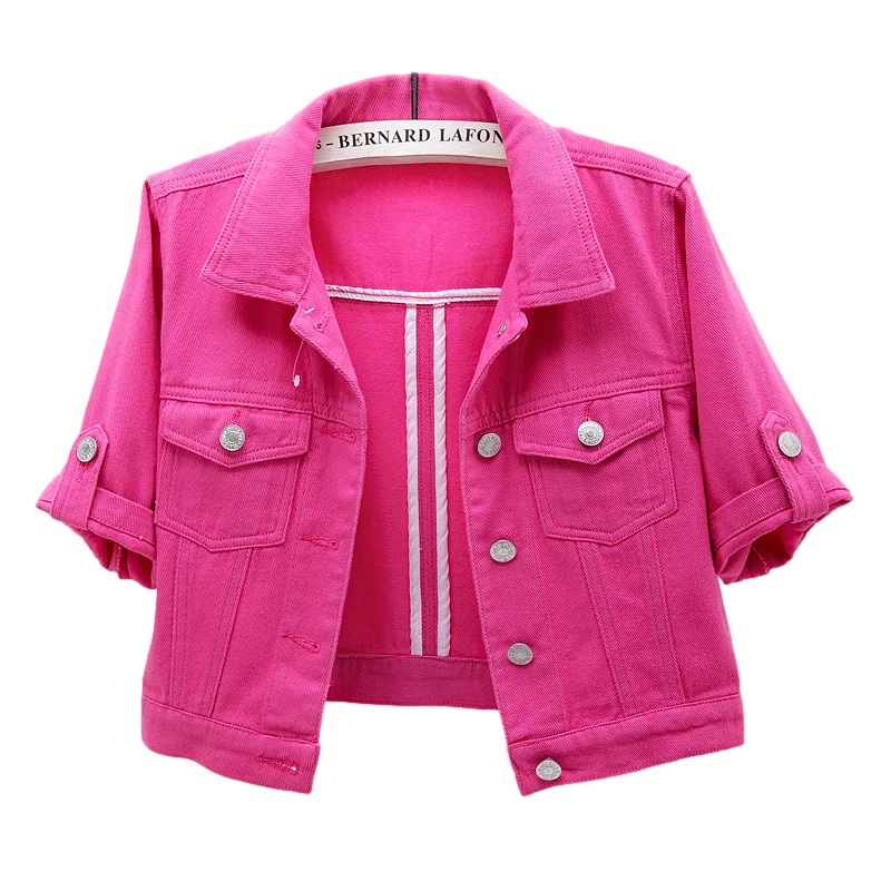 

Rose Red Denim Jacket Women Summer Thin High Waist Slim Short Cowboy Outerwear Short Sleeve Big Pocket Jeans Jacket Coat Female