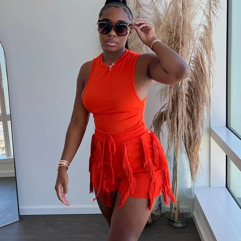 

Znaiml 2022 Solid Color O-neck Tank Top and Drawstring Tassel Shorts Two Piece Sets Womens Summer Fashion Tracksuits Outfits