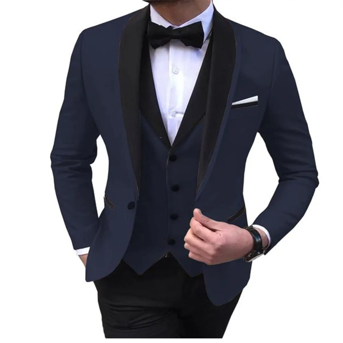 Blue Slit Mens Suits 3 Piece Black Shawl Lapel Casual Tuxedos for Wedding Groomsmen Suits Men 2022 (Blazer+Vest+Pant)