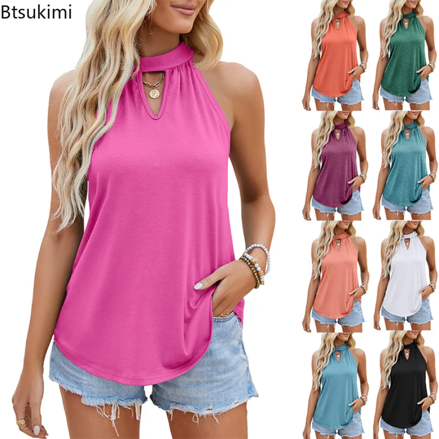 

New 2023 Women's Summer Sleeveless Halter Vest Off Shoulder Casual Cotton Clothes Streetwear T Shirt Female Solid Sexy Tank Tops