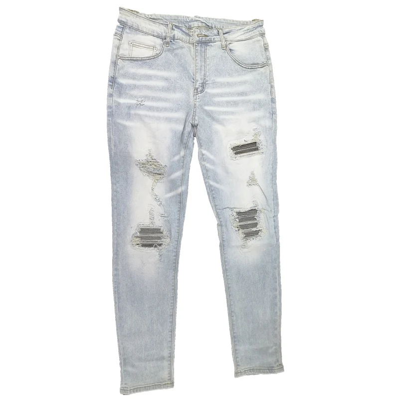 

High Quality Light Blue Stretch Distressed Slim Fit Scratched Destroyed Ribs Patchwork Skinny Ripped Jeans Men