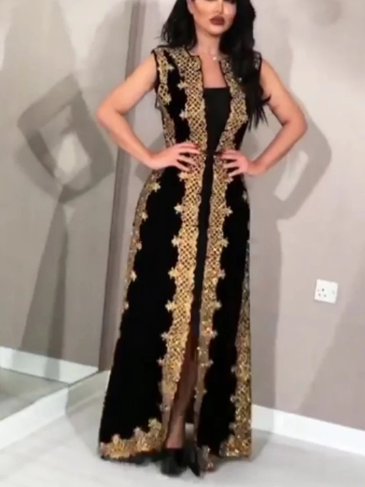 

Черное платье, Женский комплект из двух предметов, элегантный летний винтажный кардиган на бретелях, с вышивкой, длиной до пола, Клубные веч...