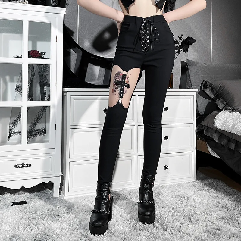 

Винтажные пикантные брюки с вырезами в стиле Харадзюку, уличные повседневные облегающие тонкие брюки-карандаш, Новинка лета 2022, женские лег...