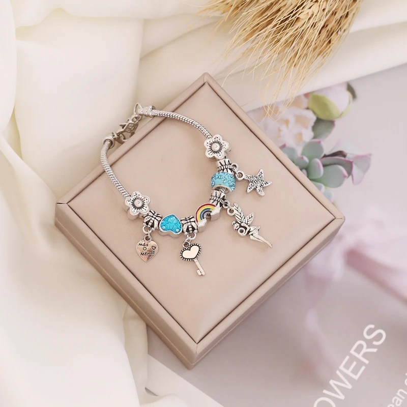 

MC New 1set Heart & Key Pendant Starfish Blue Pink Red Color Bracelets & Bangles Elf Beads Charm Bracelet For Women Jewelry Gift
