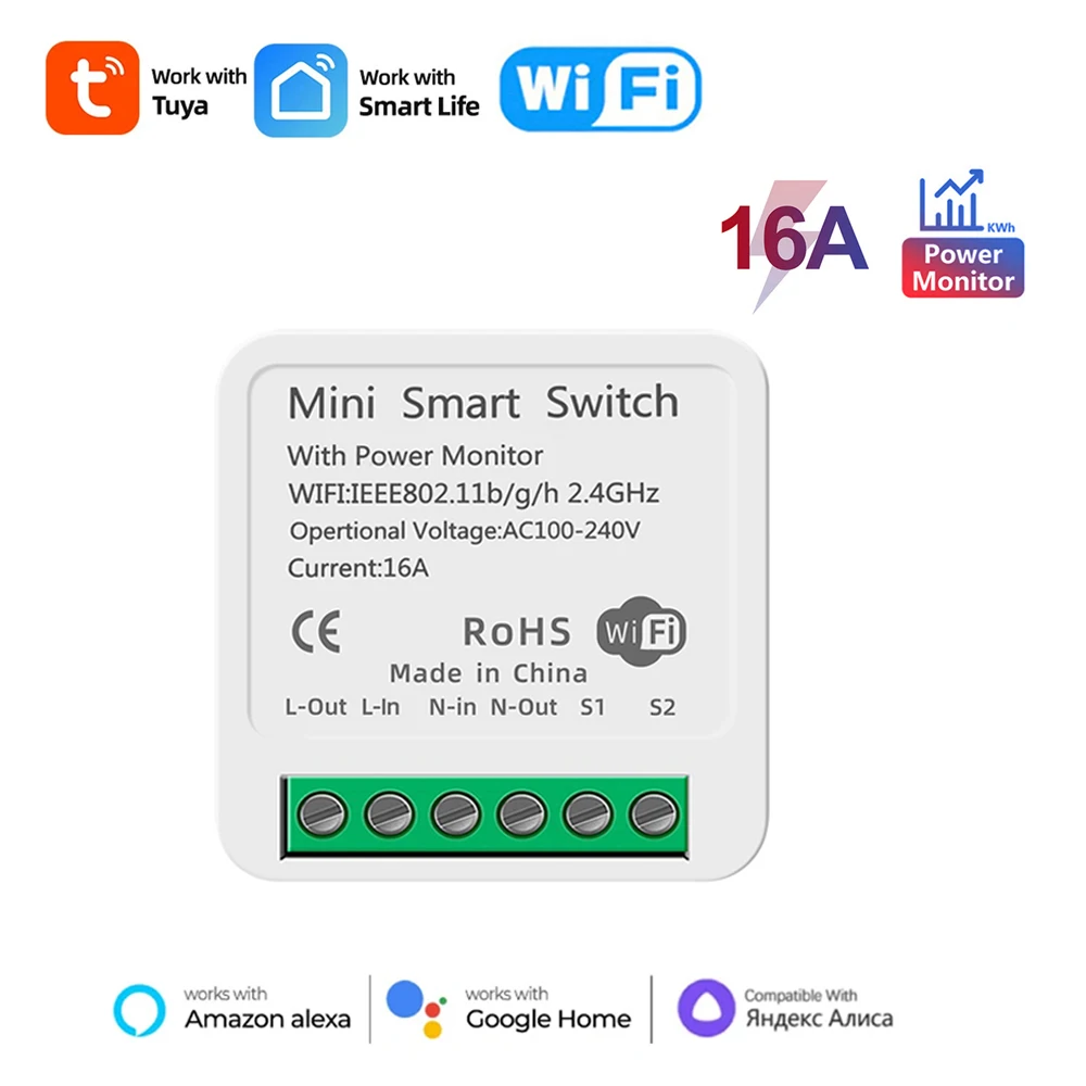 

16A Tuya WiFi/Zigbee Mini Smart DIY Switch 2-стороннее управление с монитором энергии Умный домашний автоматический выключатель для Alexa Google Home