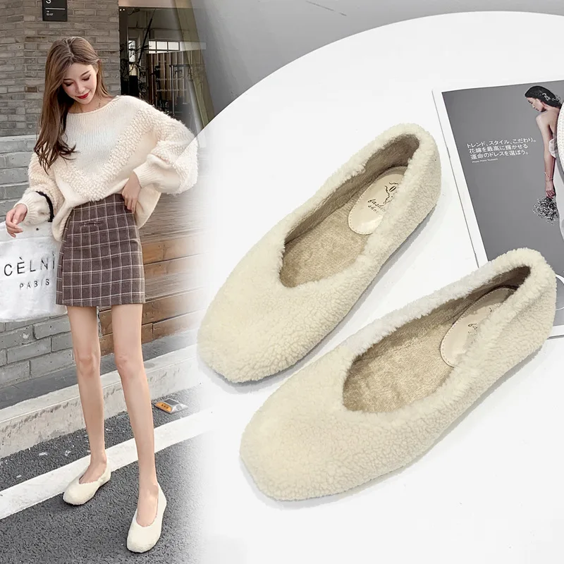 

Round Head Plush Shoes Women Wear Sweet Single Shoes Outside In Winter, Versatile Lefu Shoes and Plush Flat Cotton Shoes